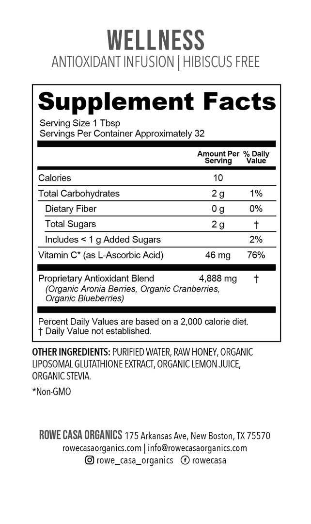 Supplement Facts label for ANTIOXIDANT INFUSION | 16 oz Regular. Contains liposomal glutathione, aronia berries, ingredient list, nutrition facts, serving size (1 Tbsp), 24 servings per container. Includes contact info for Rowe Casa Organics in New Boston, TX. Only available in 16 oz size.