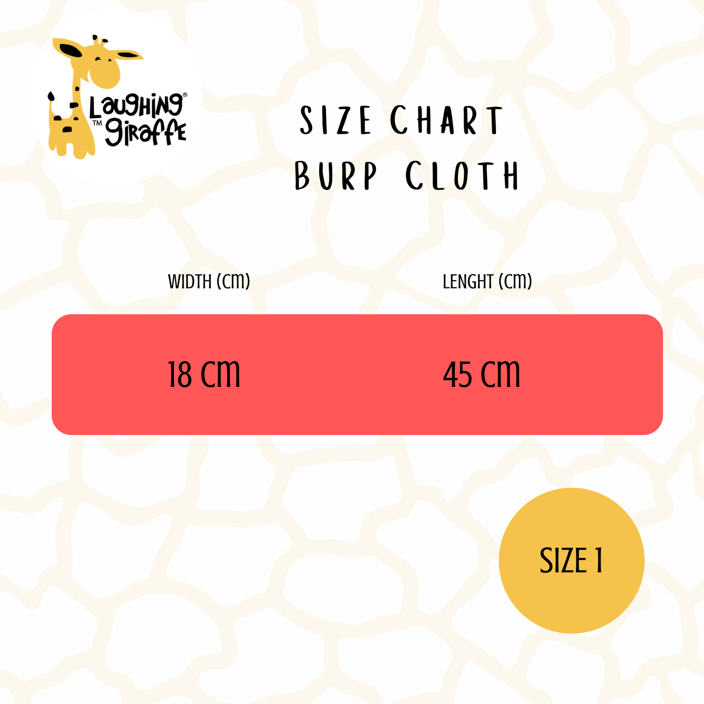 size chart of burp cloth. 18 cm x 45 cm