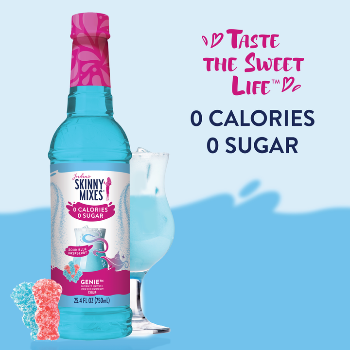 Blue bottle of Sugar Free Sour Genie™ Syrup. Label: “Taste the Sweet Life. 0 calories, 0 sugar.” Sizes: 375ml, 750ml.