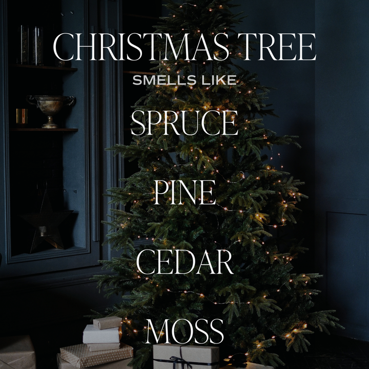 9 oz soy Christmas candle with text overlay reading “Christmas tree smells like spruce, pine, cedar, moss.”