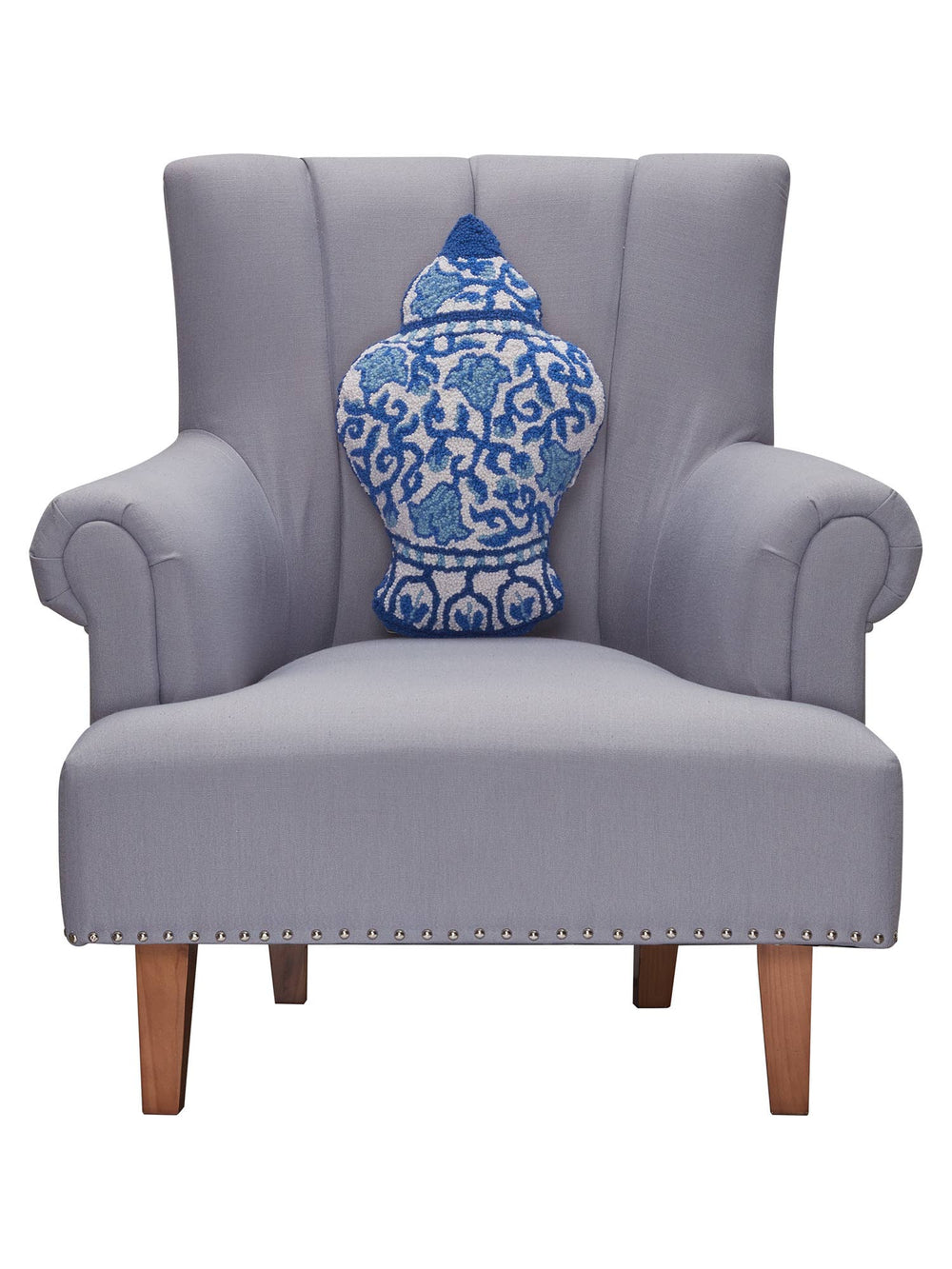 Blue and white wool hooked Chinoiserie vase-shaped pillow.