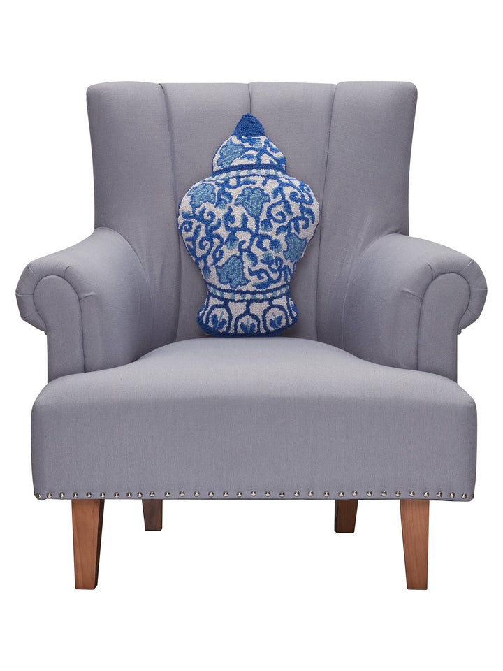 Blue and white wool hooked Chinoiserie vase-shaped pillow.