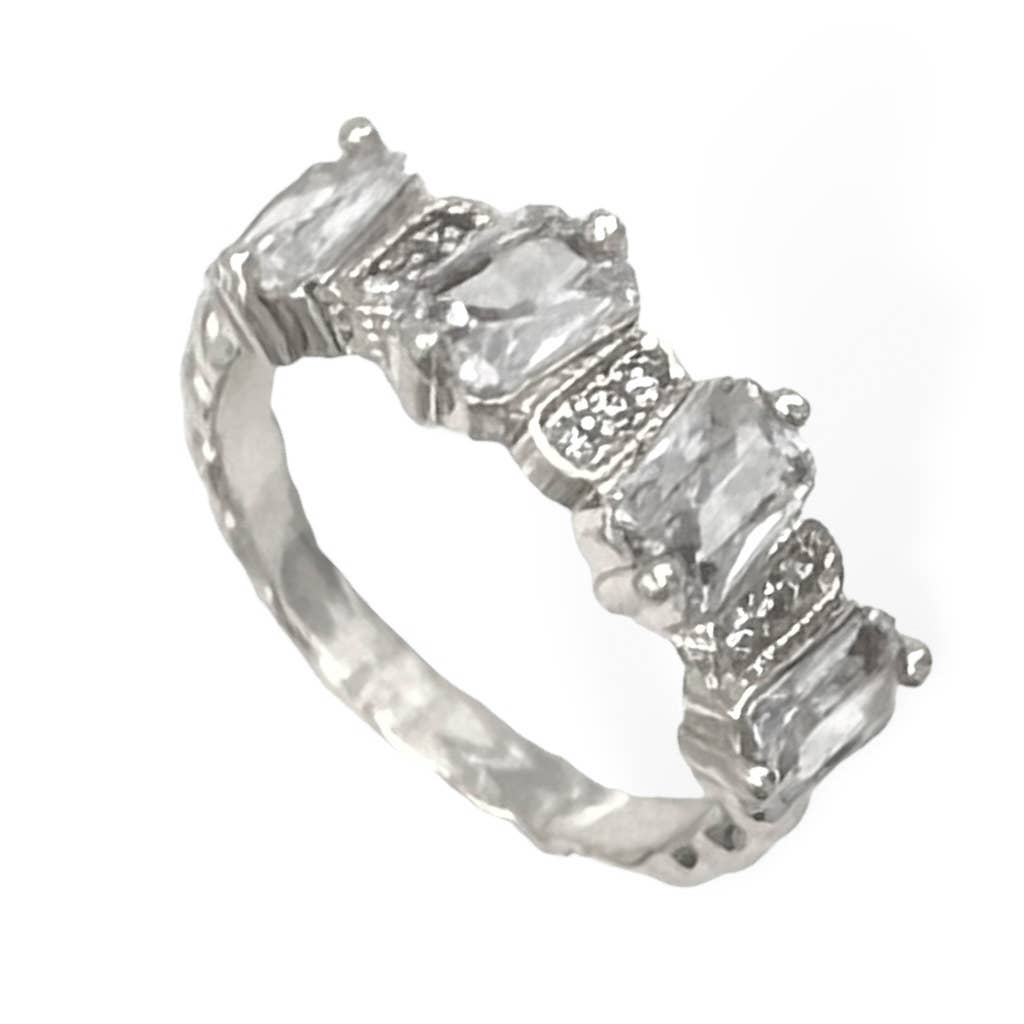 Mint Silver Ring, size 6; five rectangular clear gems, diamond bar setting, small round stones between.