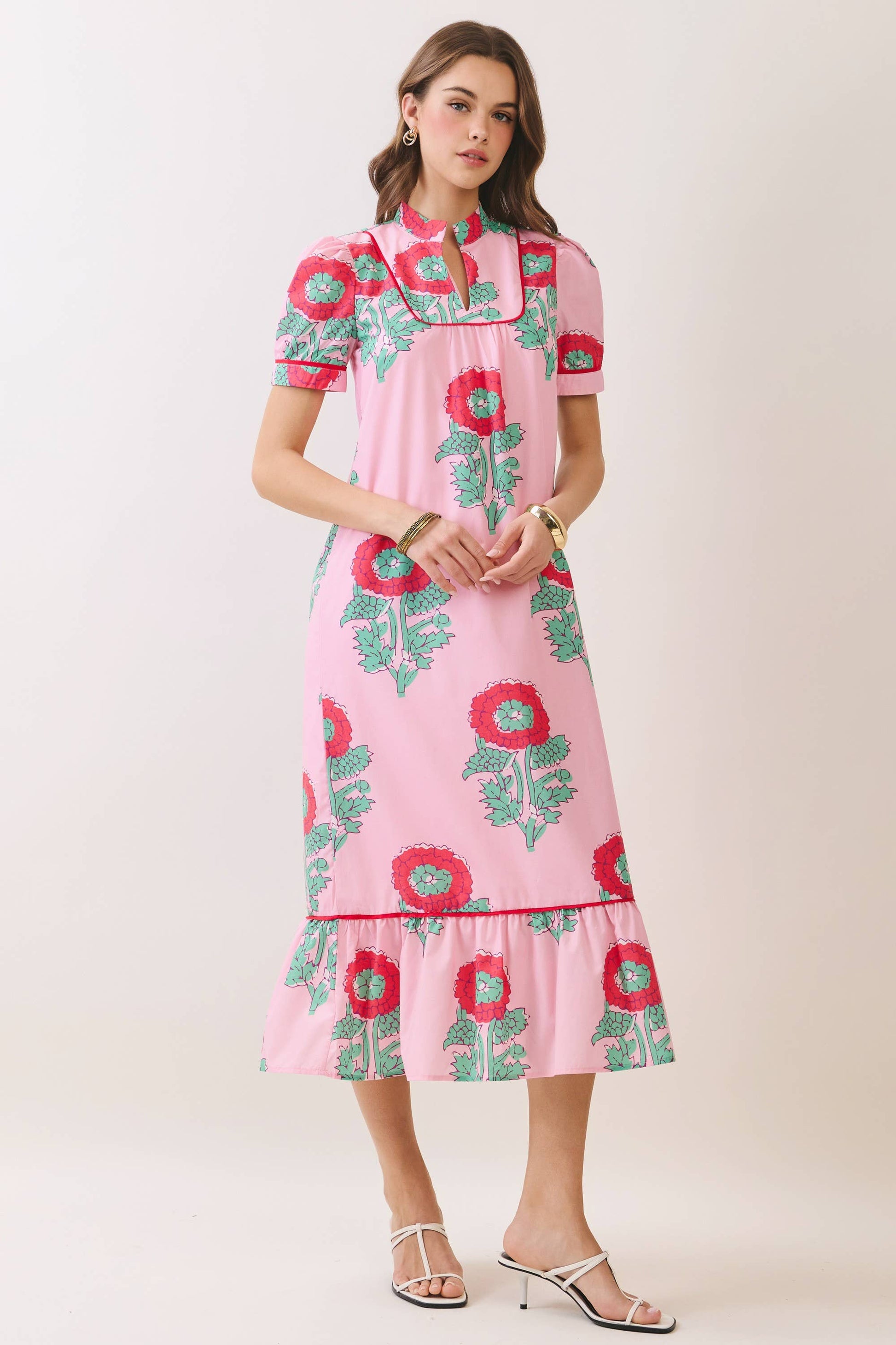 Pink Floral Print Mandarin Collar Midi Dress with ruffle hem, red and green floral print. Available in sizes XS–XL.