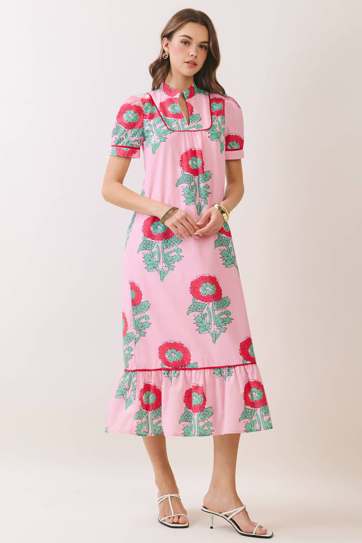 Pink Floral Print Mandarin Collar Midi Dress with ruffle hem, red and green floral print. Available in sizes XS–XL.