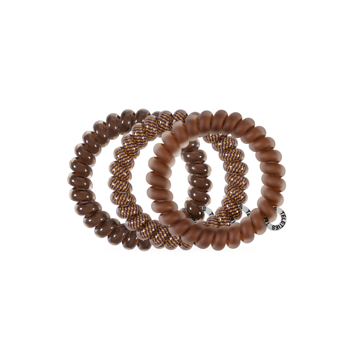 Three Morning Brew Large Hair Ties in textured shades of brown, no-crease design, available in large size; one includes a small round tag.