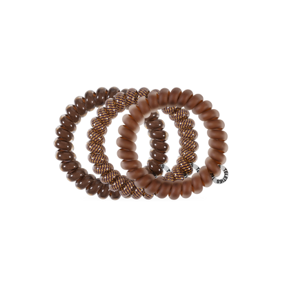 Three Morning Brew Large Hair Ties in textured shades of brown, no-crease design, available in large size; one includes a small round tag.