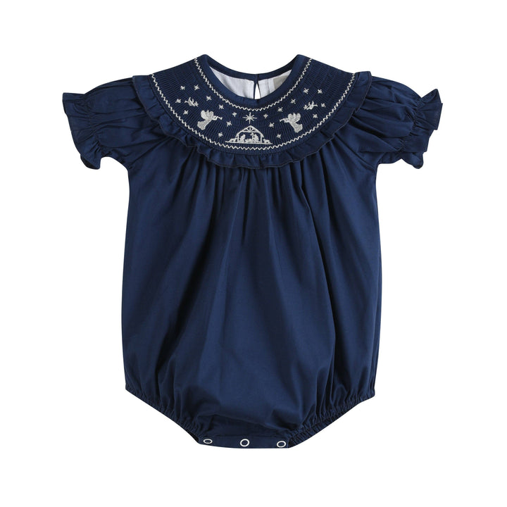 Blue Nativity Smocked Ruffle Romper in size 6-12M, with short puffed sleeves, button snaps, and a cactus-embroidered collar.