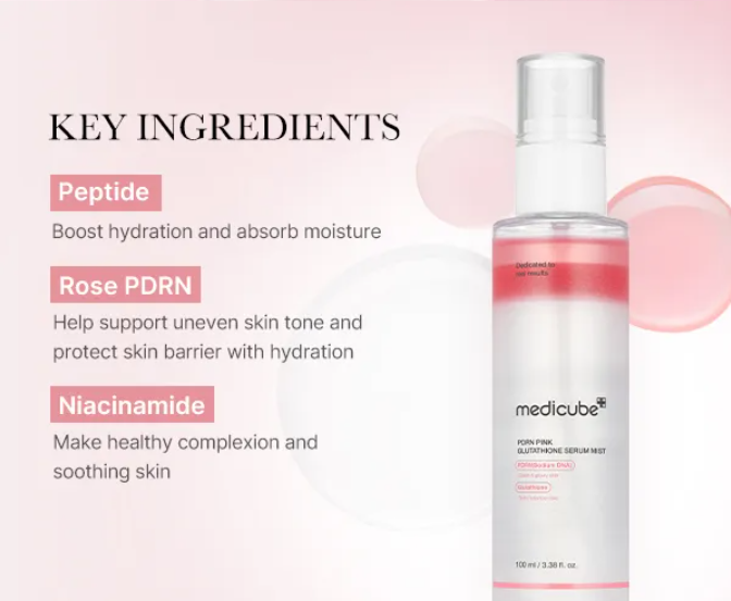 MEDICUBE PDRN Pink Glutathione Serum Mist with Peptide, Rose PDRN, Niacinamide. Boosts hydration, radiance. Available in 80ml.