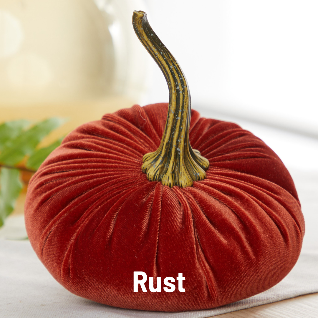 Plush velvet pumpkin in fern-colored fabric with a realistic brown stem. Available in multiple sizes.