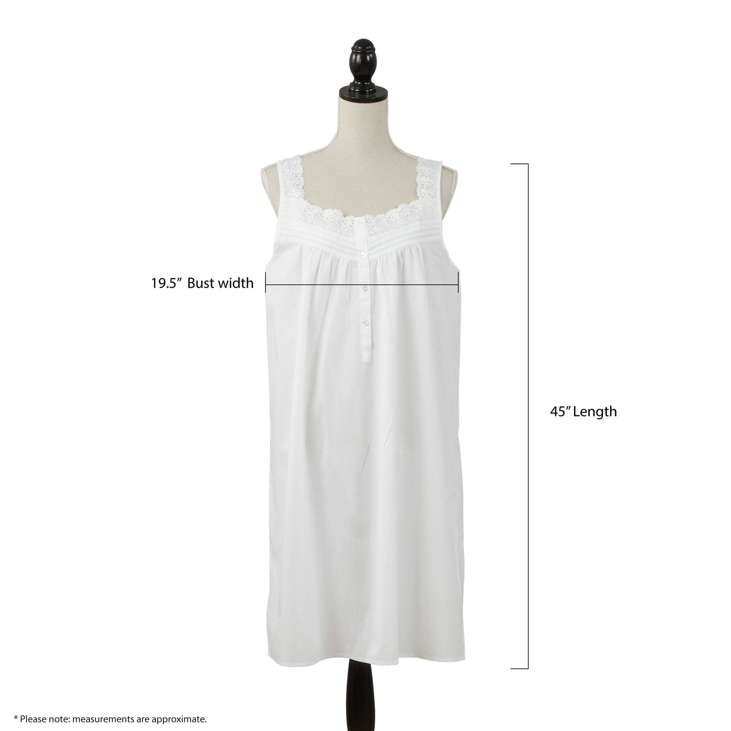 Sleeveless white cotton nightgown with lace trim. Bust: 19.5", length: 45". Approximate measurements.