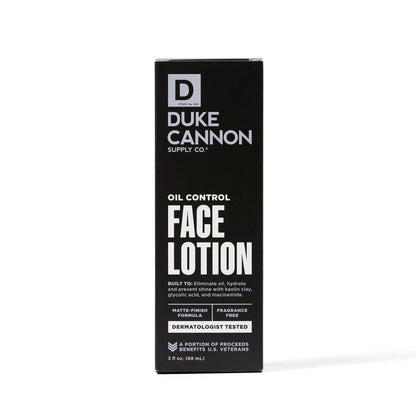 Black box of Duke Cannon Oil Control Face Lotion, lightweight, fragrance-free, matte. Available in 3 oz size.