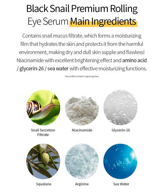 FARMSTAY Black Snail Premium Rolling Eye Serum highlights six key ingredients. Available in 25ml and 30ml sizes.