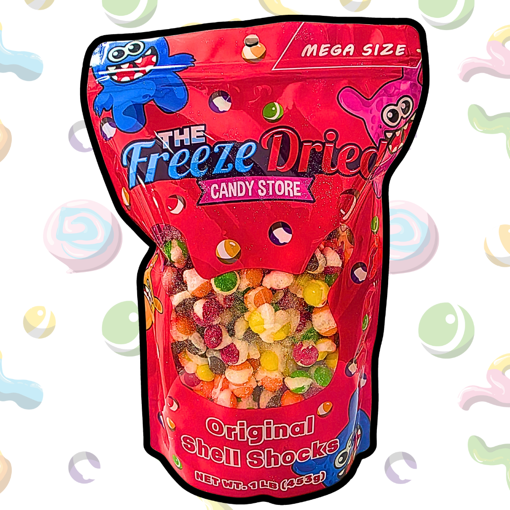 Vibrant red bag labeled "Freeze Dried Shell Shocks: Sour Wild Berry / Singles / 4 oz" with colorful freeze dried candy.