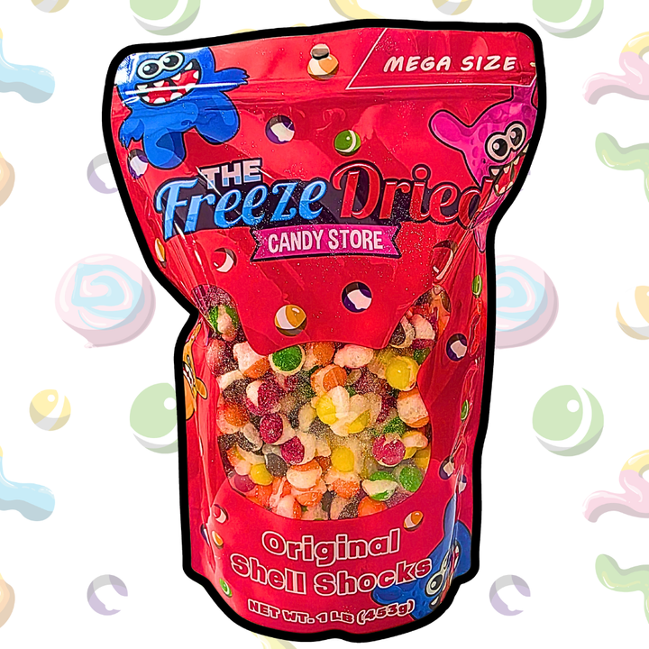 Vibrant red bag labeled "Freeze Dried Shell Shocks: Sour Wild Berry / Singles / 4 oz" with colorful freeze dried candy.