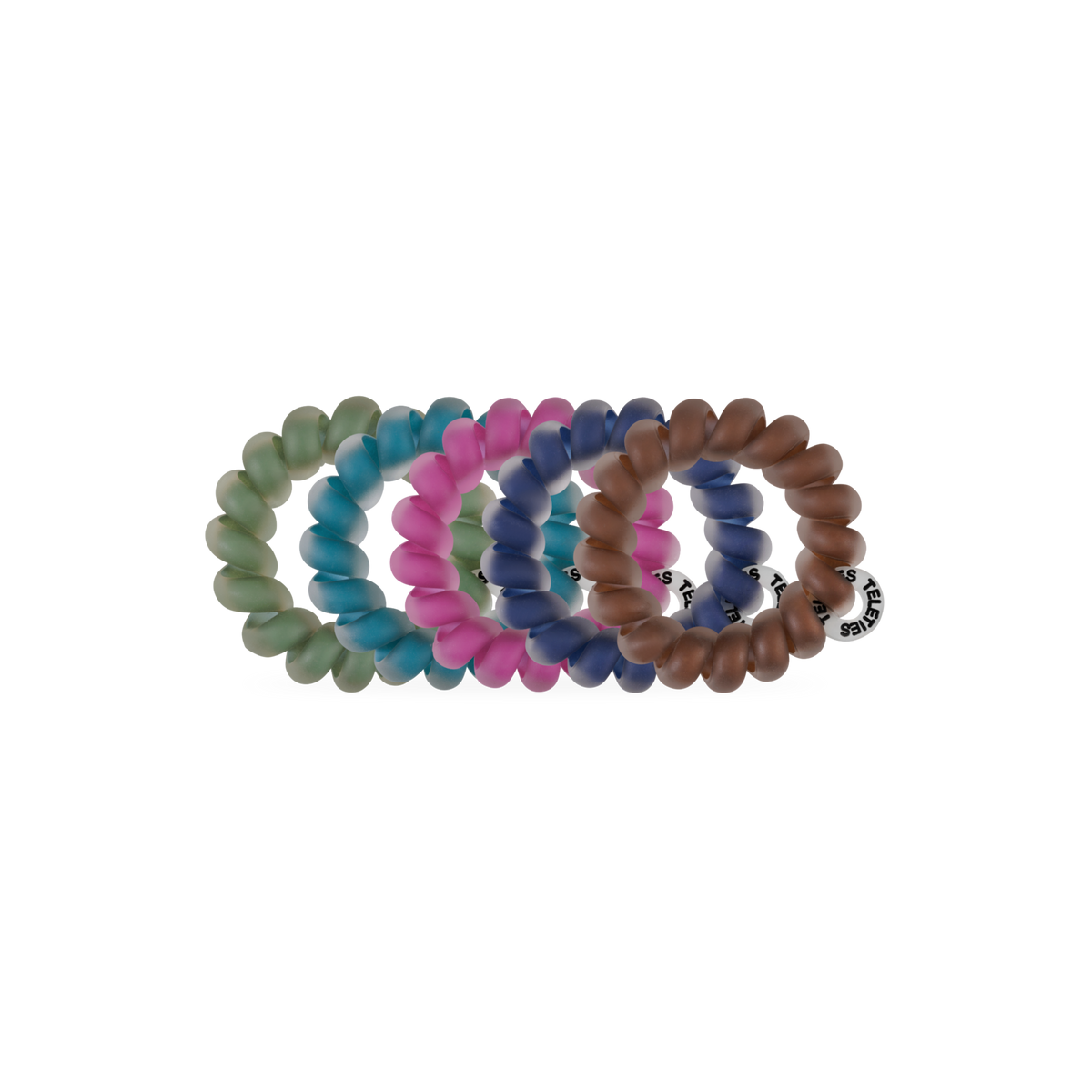 Sweater Swatches Tiny Hair Ties come in green, pink, blue, and brown. Each is circular, translucent, and has a small black and white brand tag. Available in one size.