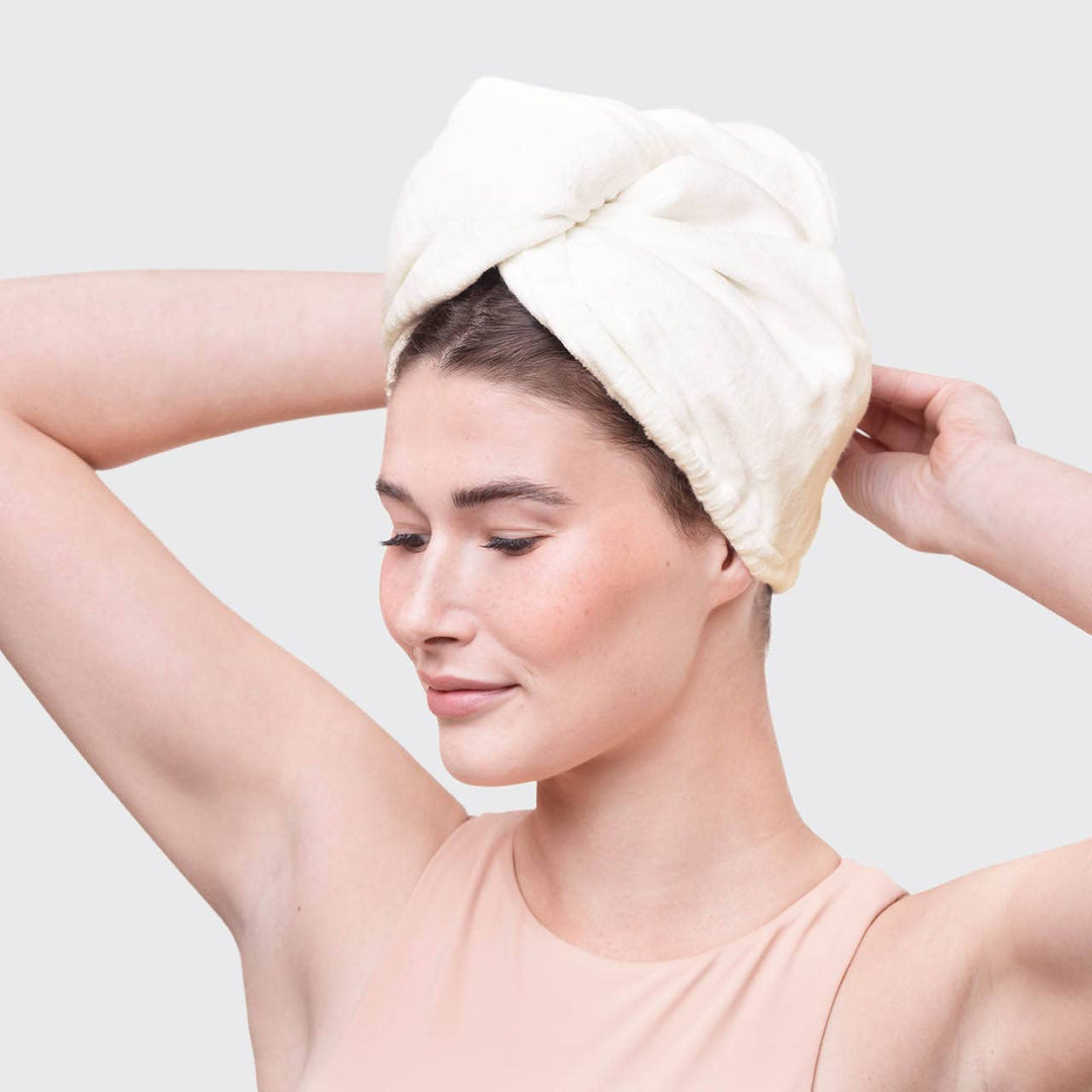 Quick Dry Hair Towel - Ivory, wrapped securely around hair. Available in sizes S/M and L/XL.