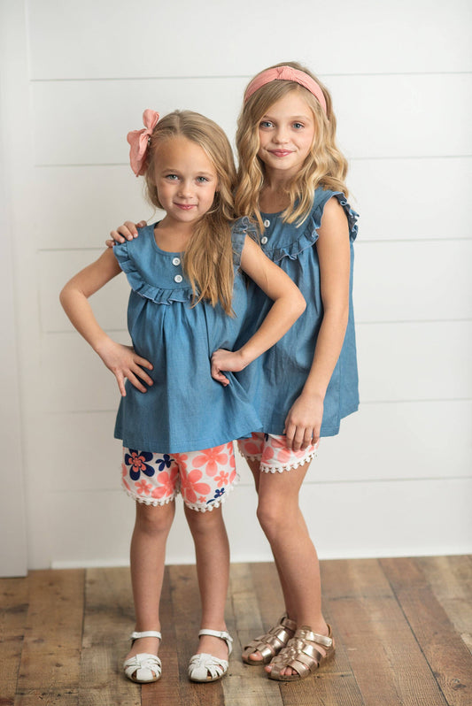 Girls Wave Floral Jean Short Set