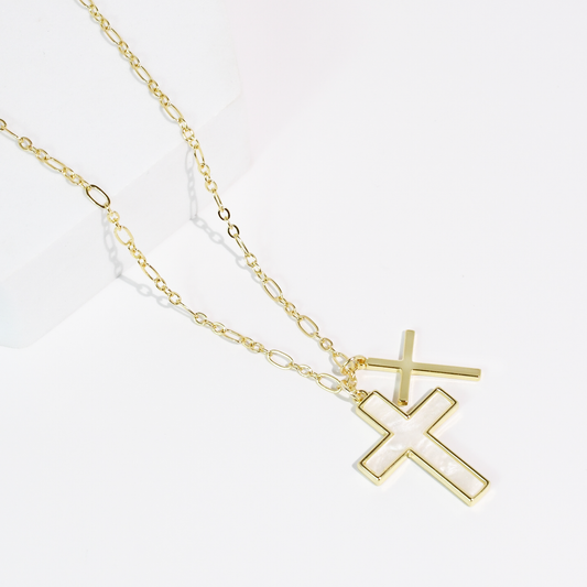 Gold necklace with two cross pendants, one large with white inlay, one small; available in S, M, and L sizes.