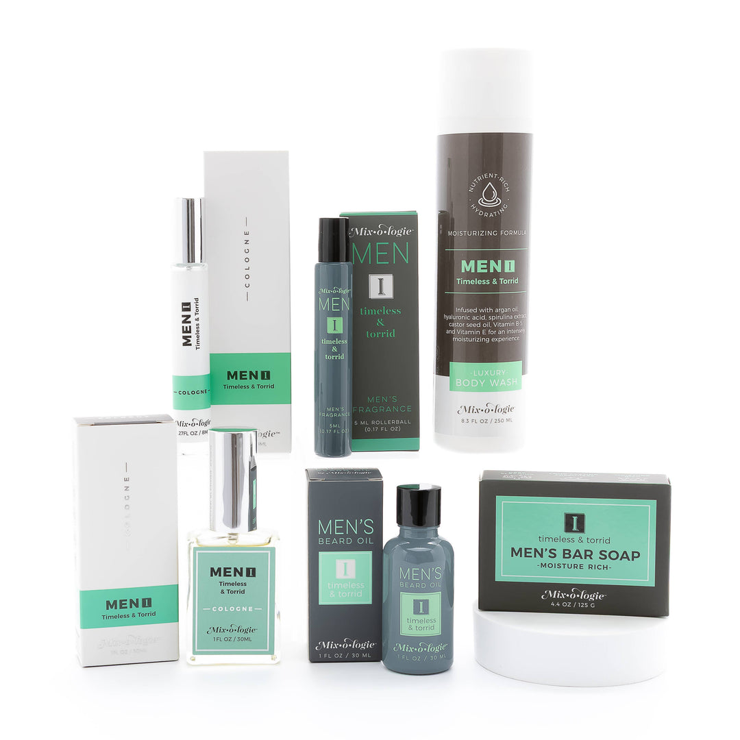 Mixologie Men I (Timeless &amp; Torrid) Cologne Oil Rollerball in green/black/white packaging, alcohol-free. Sizes: 5ml.