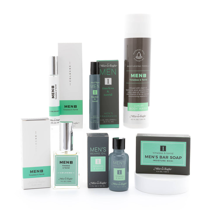 Mixologie Men I (Timeless &amp; Torrid) Cologne Oil Rollerball in green/black/white packaging, alcohol-free. Sizes: 5ml.