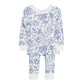 Children’s long-sleeve pajama set in 2T, navy toile floral on white, organic cotton, white cuffs at wrists and ankles.