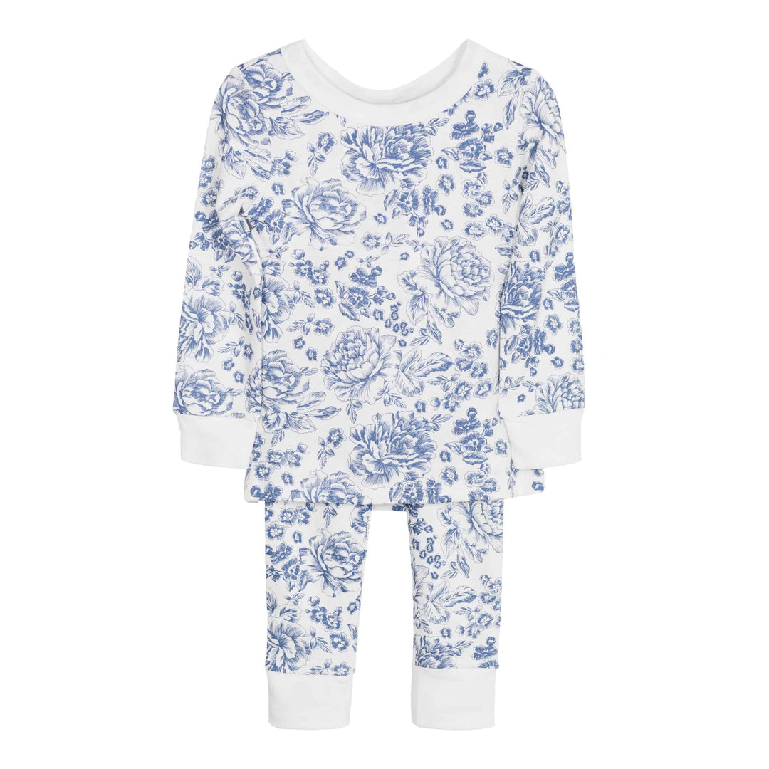 Children’s long-sleeve pajama set in 2T, navy toile floral on white, organic cotton, white cuffs at wrists and ankles.