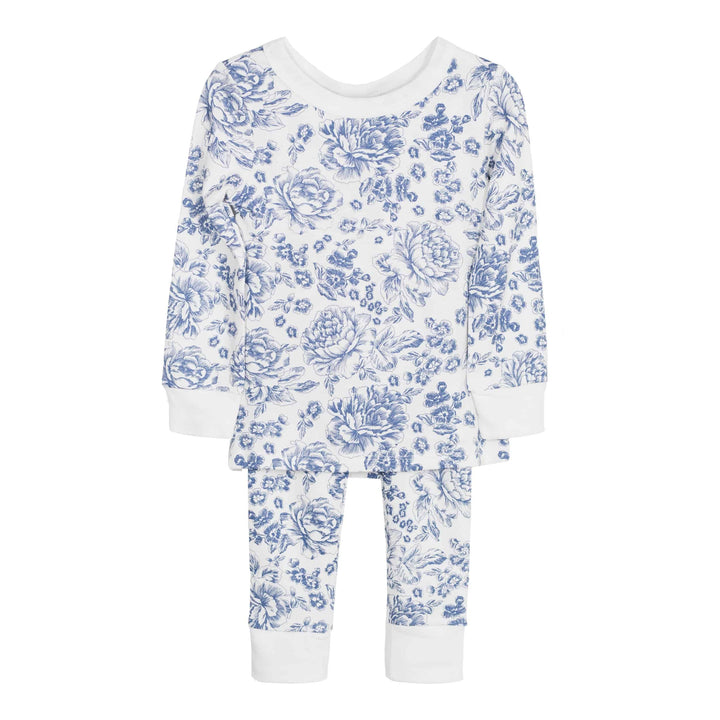 Children’s long-sleeve pajama set in 2T, navy toile floral on white, organic cotton, white cuffs at wrists and ankles.