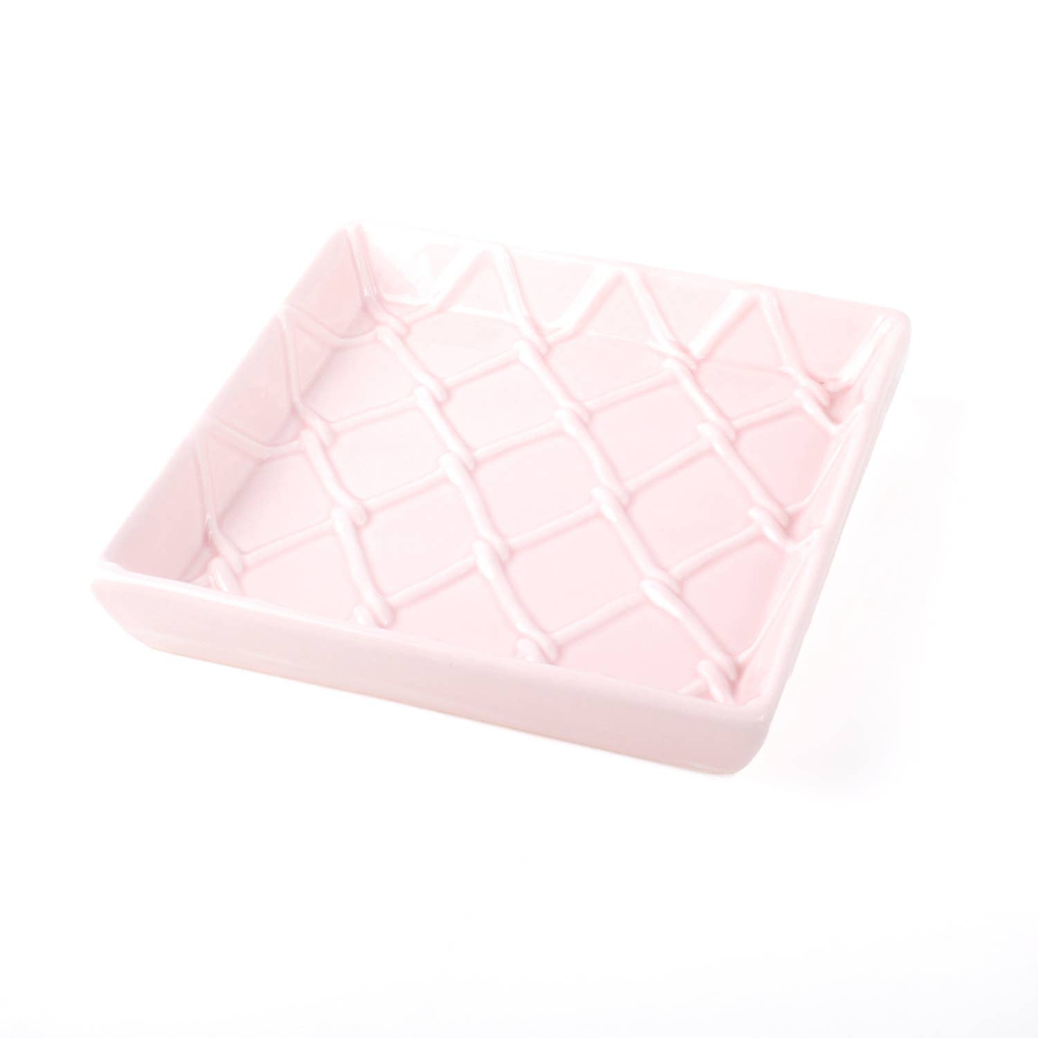 Square light pink ceramic napkin tray with crisscross diamond texture. Available sizes: 6x6 in.