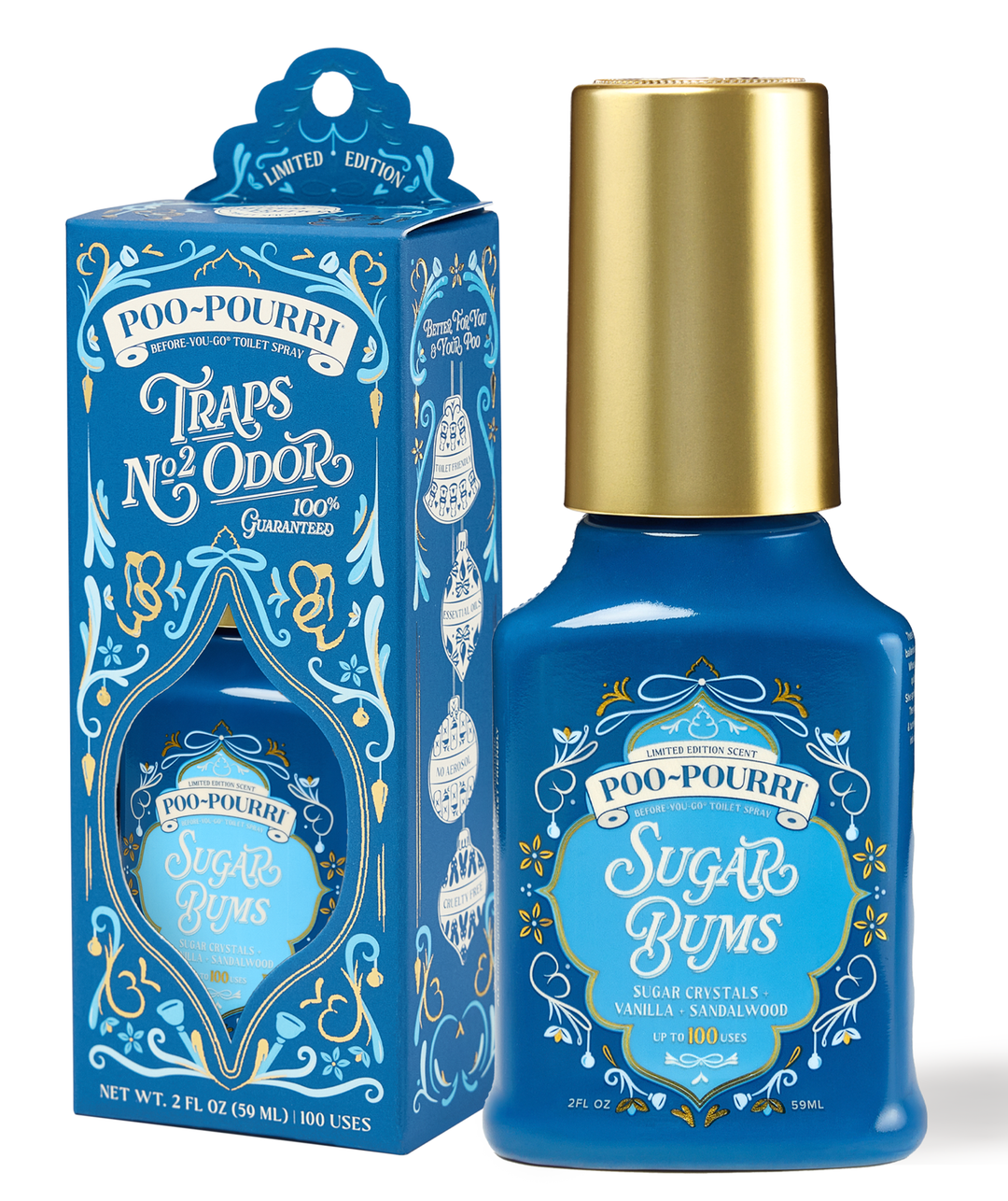 Blue Holiday Poo~Pourri Sugar Bums bottle, vanilla sandalwood scent, 2oz size.