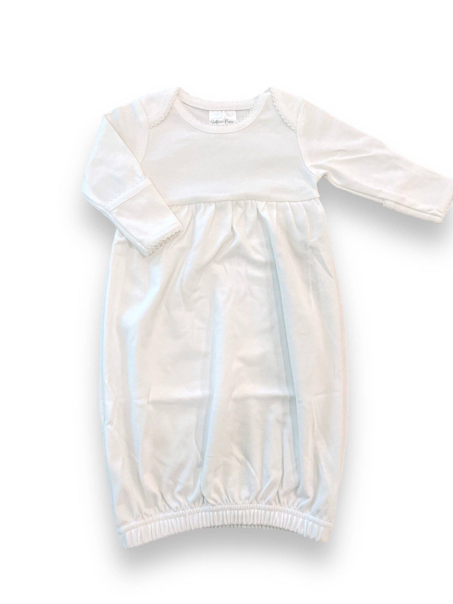 A plain white baby gown with a soft texture and Picot Trimmed Baby Sleeping Gown, displayed flat on a white background.