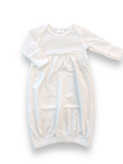 A plain white baby gown with a soft texture and Picot Trimmed Baby Sleeping Gown, displayed flat on a white background.