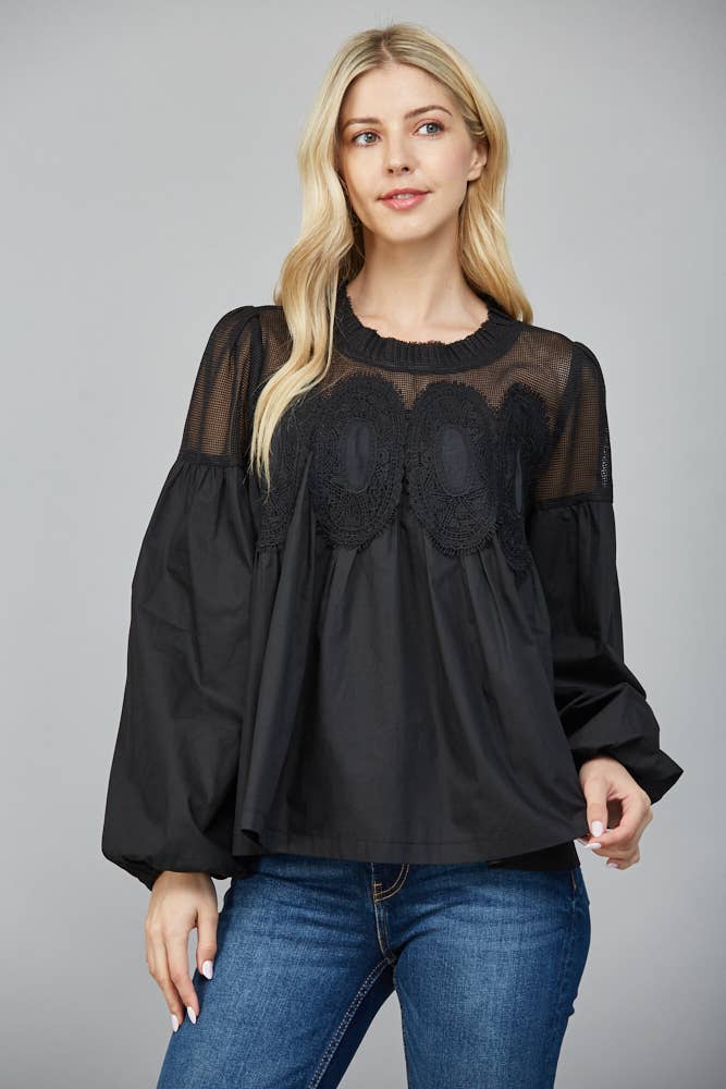 Lace Appliqué Detail Mixed Media Long Sleeve Blouse