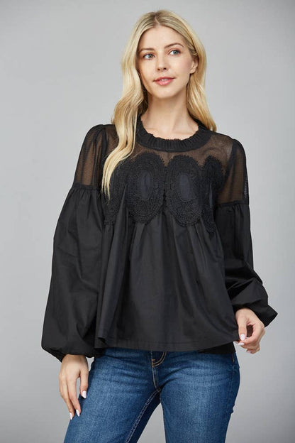 Lace Appliqué Detail Mixed Media Long Sleeve Blouse
