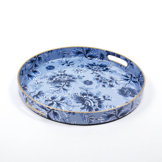 Blue Floral Round Tray with blue floral pattern, gold trim, and two cut-out handles. Available in 12" and 16" diameters.