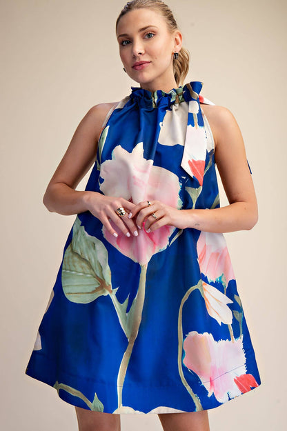 Mini Dress Ruffle Neck Tie Sleeveless Floral Print in Royal with vibrant floral patterns. Available in sizes L and more.