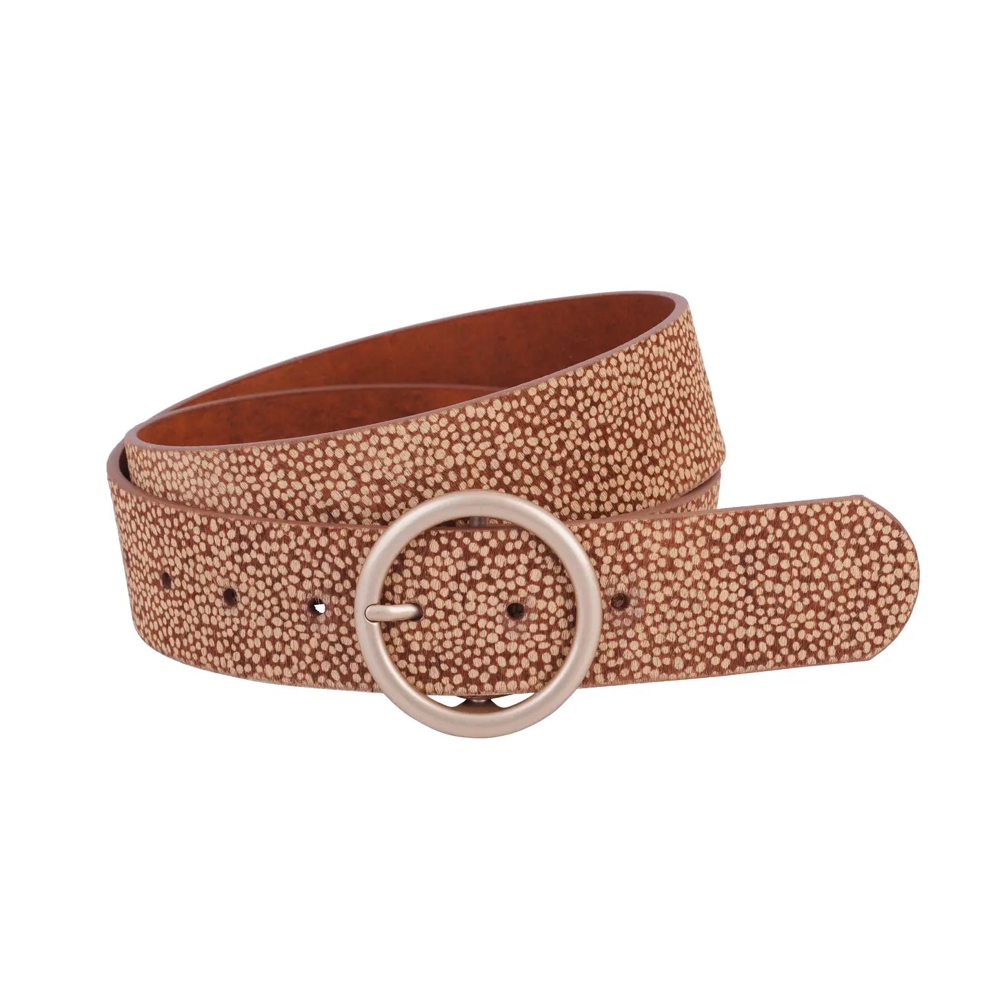 Genuine leather belt with small light spots, rose gold circle buckle. Sizes: S, M, L.