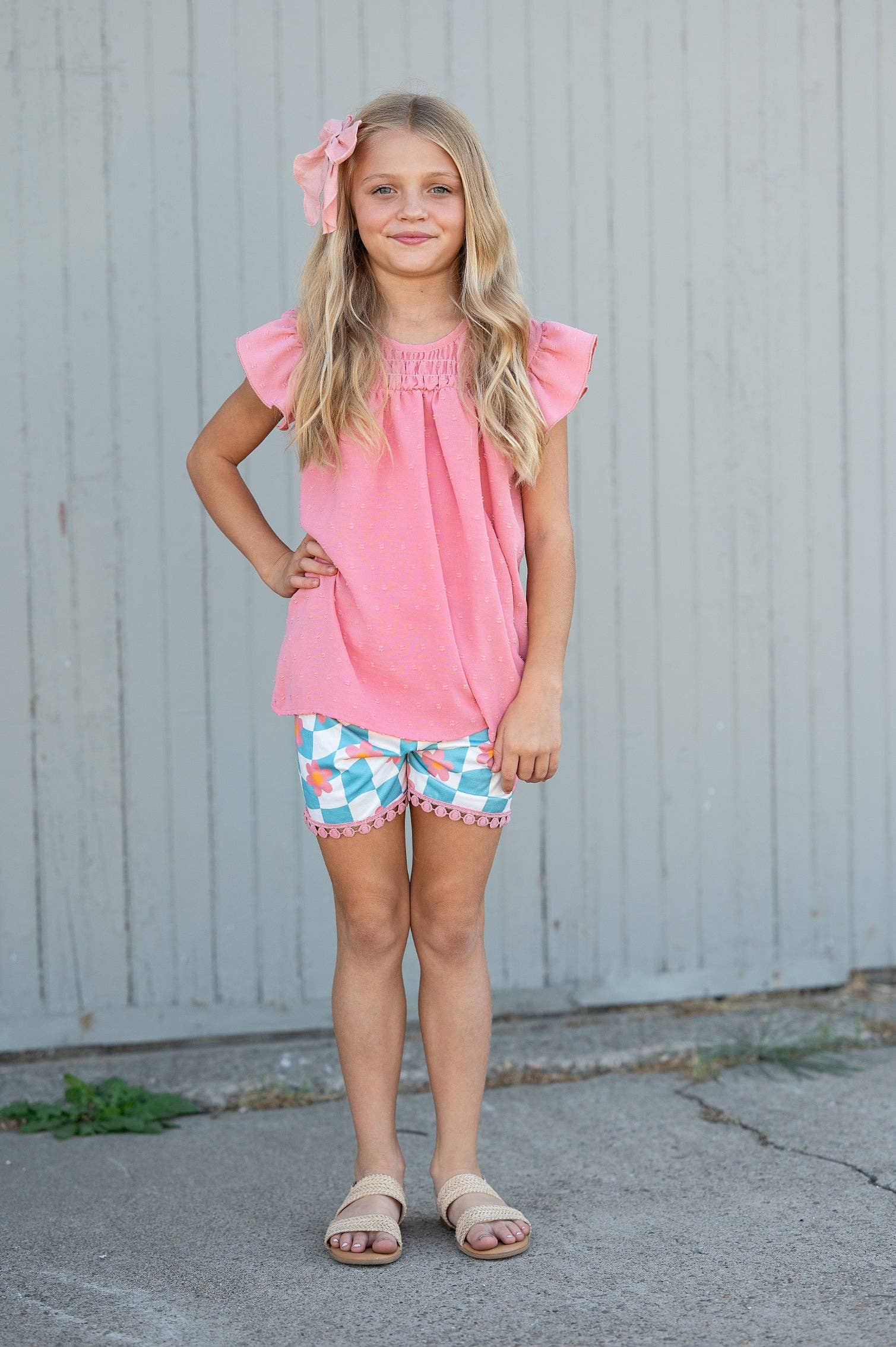 Girls Teal Check Wave Short Set with wave pattern; available in sizes 2T-10.