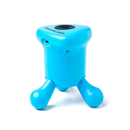 Compact, bright blue, three-legged massager with rounded body and top button. Available in small and medium sizes.
