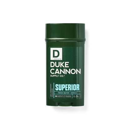 Duke Cannon Superior Anti-Perspirant Deodorant: green stick, fresh water & neroli scent. Available in 2.7 oz size.