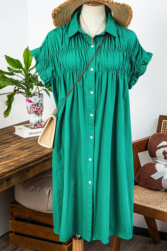 Missy Shirred Ruffle Sleeve Button Up Dress