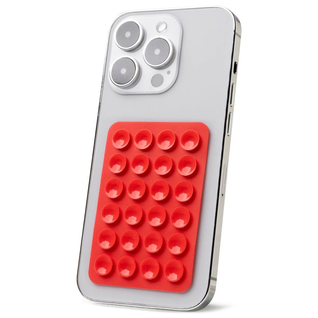 Red silicone phone mount with grid of mini suction cups. Available sizes: small, medium, large.