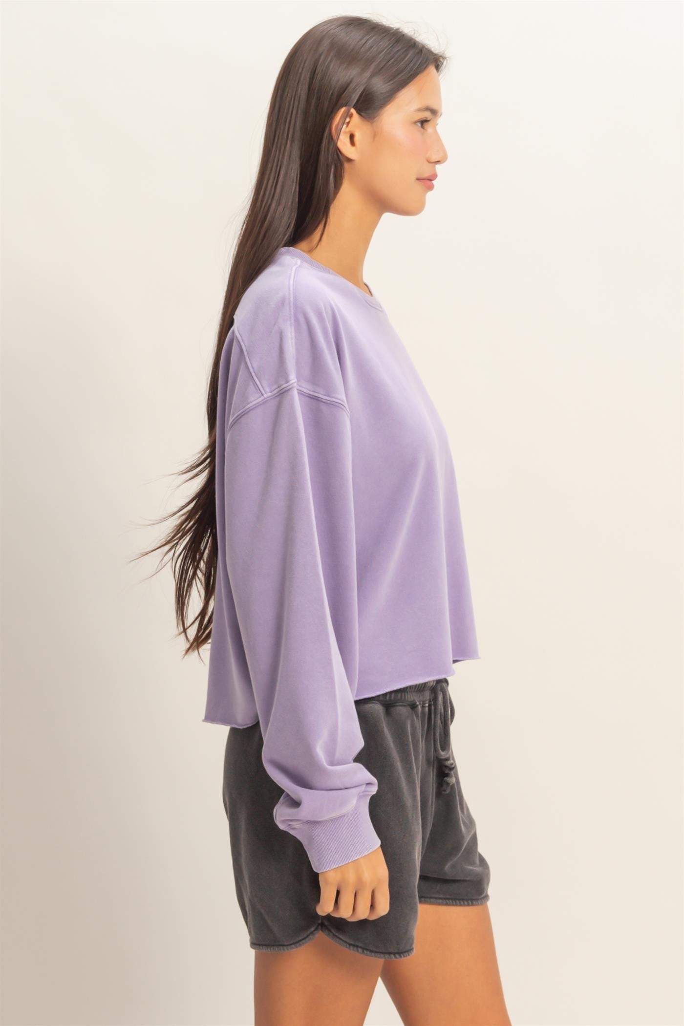 Cropped Mineral Wash Sweatshirt in lavender. Available in XS-XL.