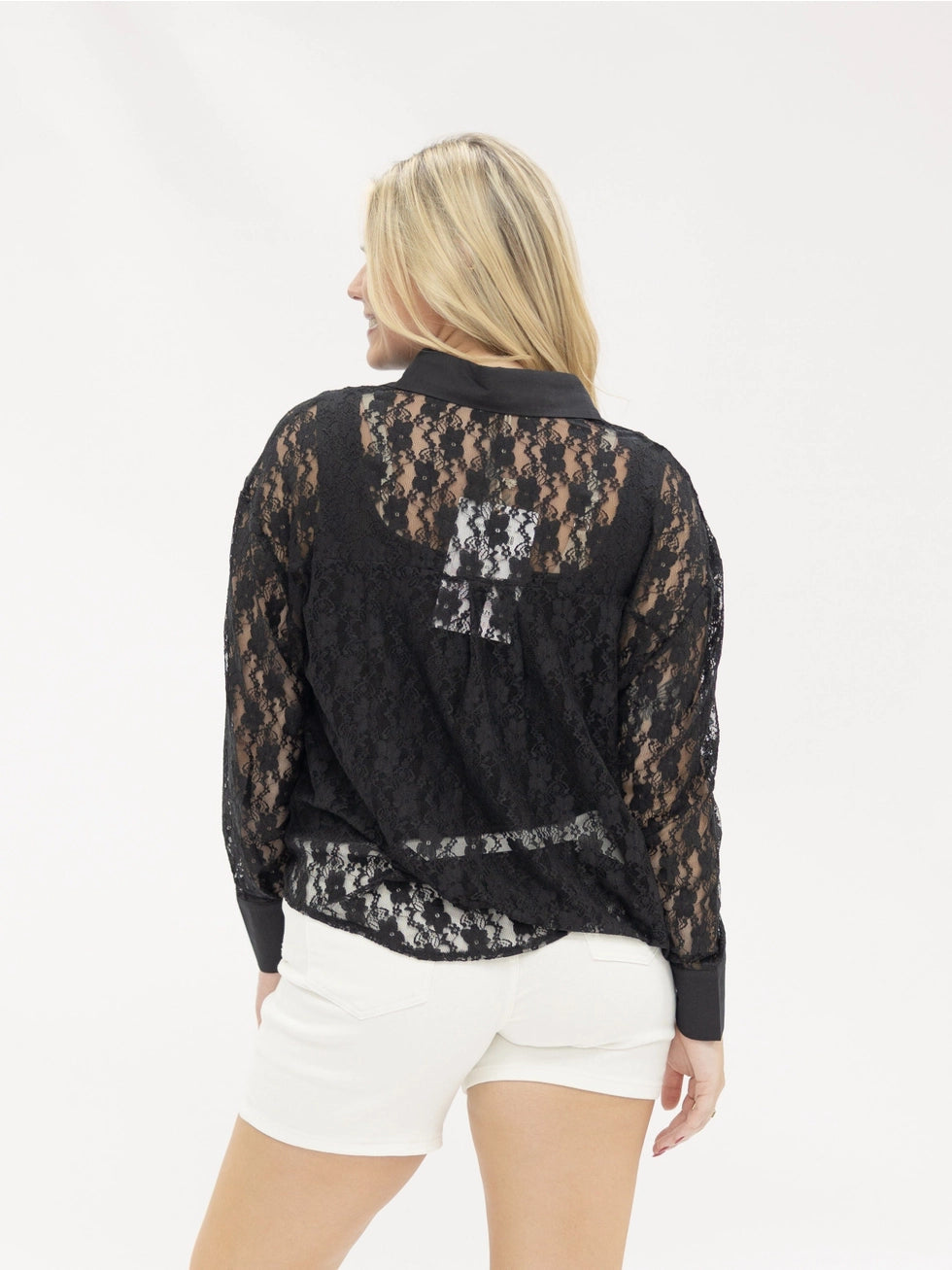 Kathryn Classic Lace Button-Up, white, lace details. Available in sizes XS–XL.