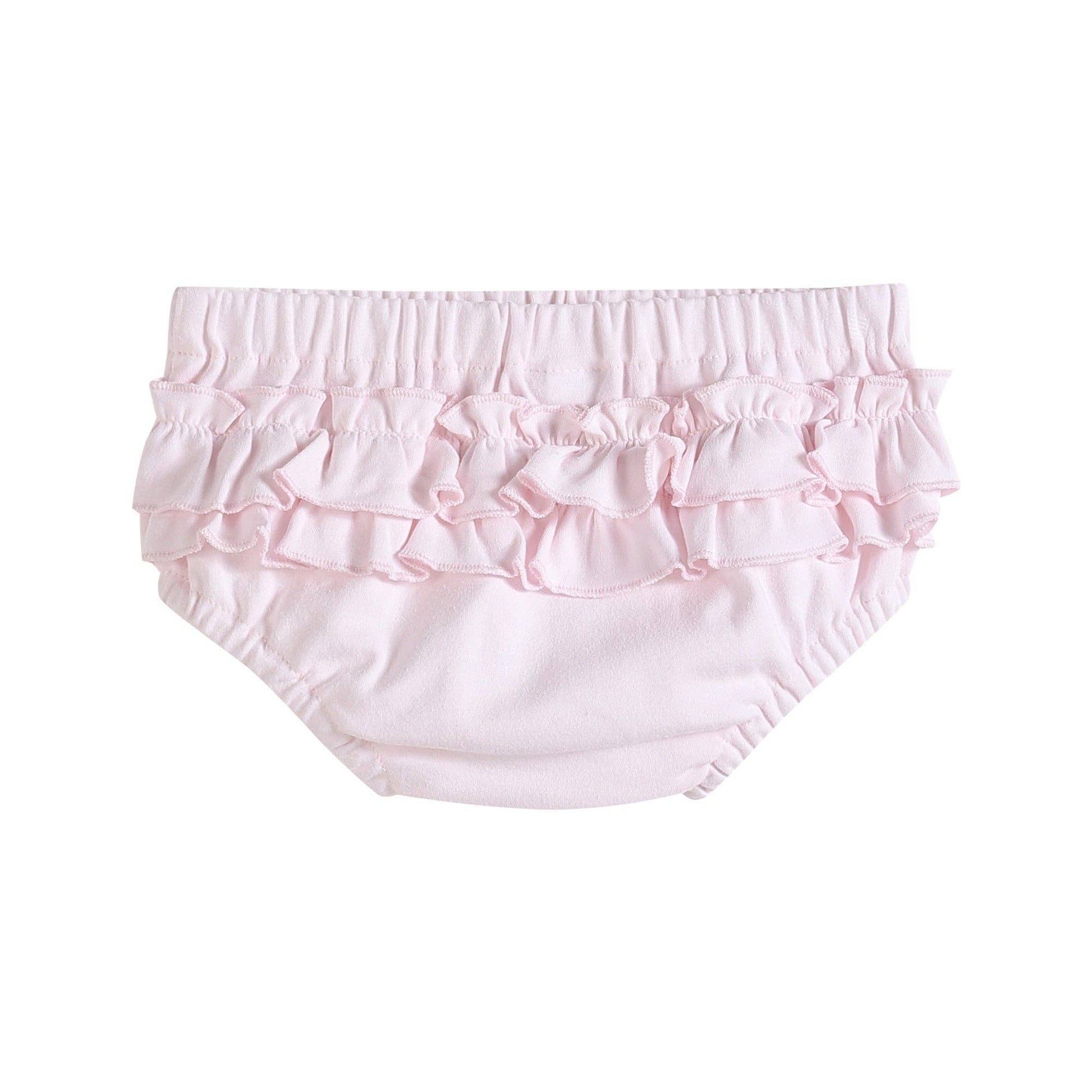 White and pink knit baby bloomers set in 3-6M, soft cotton, elastic waist/legs, two rows of back ruffles.