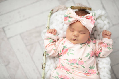 Pink Rose Baby Gown and Bow Headband Set. Available in sizes newborn to 6 months.