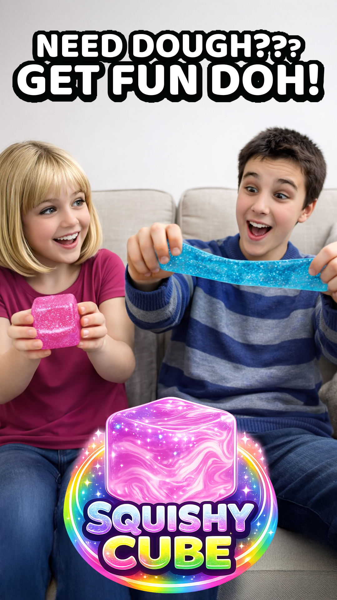 Pink and blue glittery Fun Doh Squish &amp; Squeeze Sparkle Cube fidget squishy cubes.