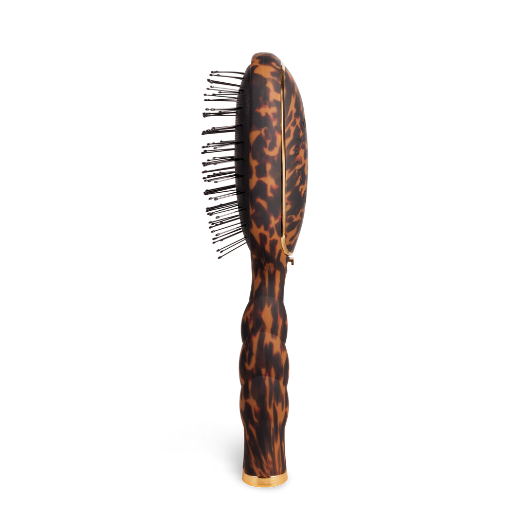 Detangler Hair Brush for Fine Hair | Tortoise: tortoiseshell pattern, black bristles, ergonomic curved design. Sizes: S/M/L.