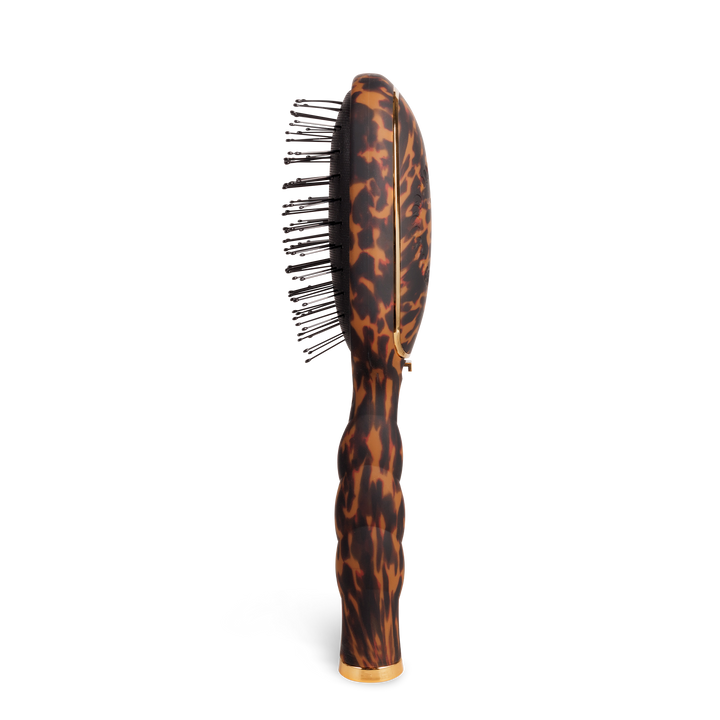 Detangler Hair Brush for Fine Hair | Tortoise: tortoiseshell pattern, black bristles, ergonomic curved design. Sizes: S/M/L.