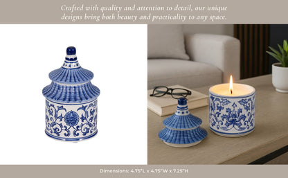 Blue Ceramic Plumeria Chinoiserie Pagoda Candle, 9 Oz, shown with removable lid—one closed, one open and lit.